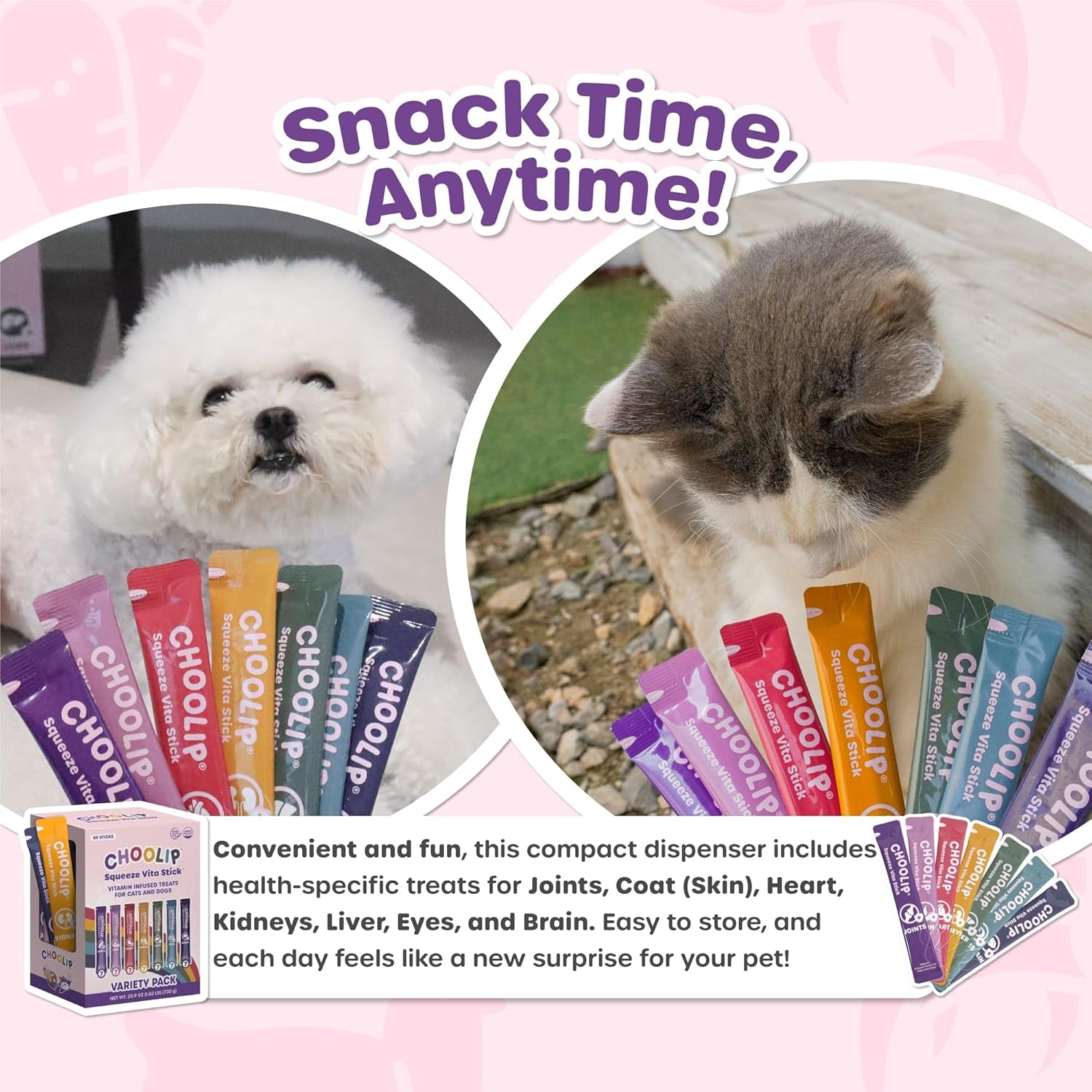 Choolip Squeeze Vita Stick Lickable Cat and Dog Treats - 49-Count Variety Pack - Real Meat Puree with Multivitamins for Total Pet Wellness - Grain-Free, Moisture, Vet-Formulated