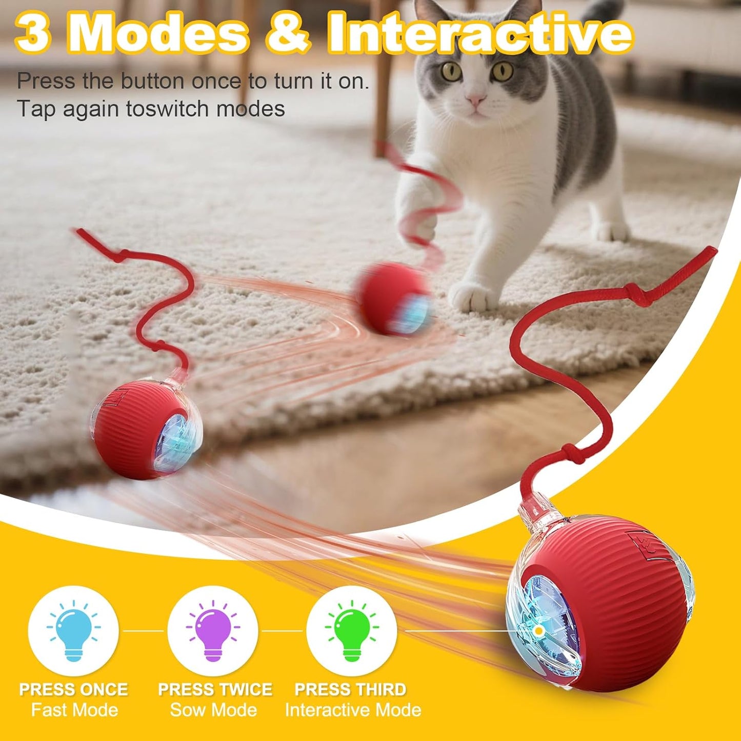 2-Pack USB Rechargeable Smart Cat Toy Ball, 360° Rotation Automatic Moving Chase Toy, Obstacle Avoidance Interactive Play with 4 Spiral Springs, Enrichment Toys for Indoor Cats, Puppies & Small Dogs