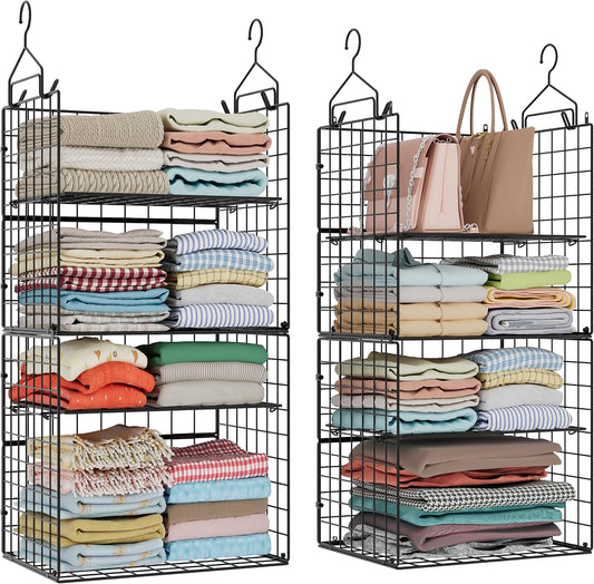 8 Tier Widened Hanging Closet Organizer and Storage Shelves, Metal & Foldable Hanging Clothing Organizer Baskets with Adjustable Dividers for Sweaters Shoes Handbags,Black (D11.81"Xw16.14"Xh15.35")