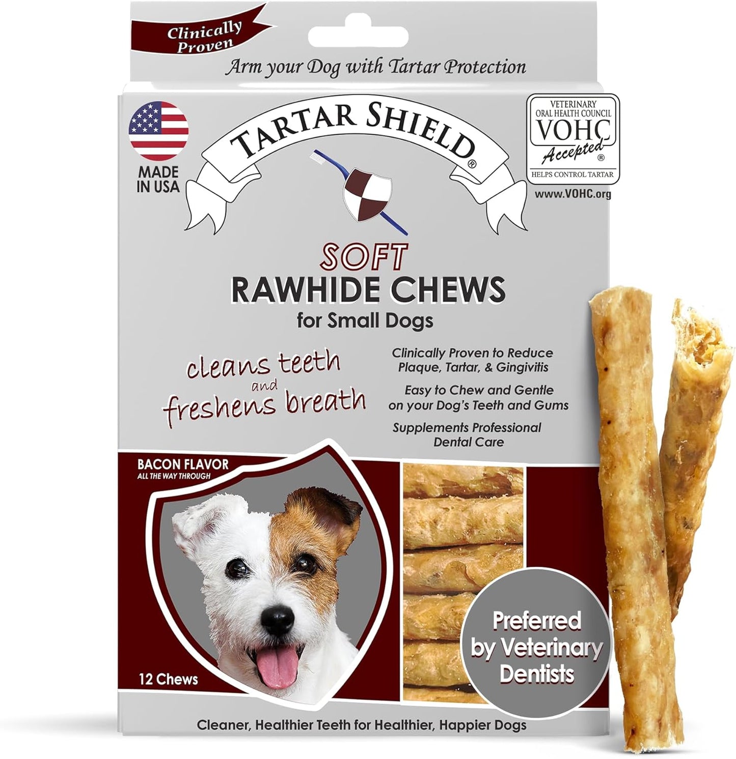 Tartar Shield® Soft Rawhide Dental Chews for Small Dogs | VOHC Accepted | Reduces Tartar, Controls Plaque & Freshens Breath | Vet Recommended | Bacon Flavor | USA Made | 12 Count