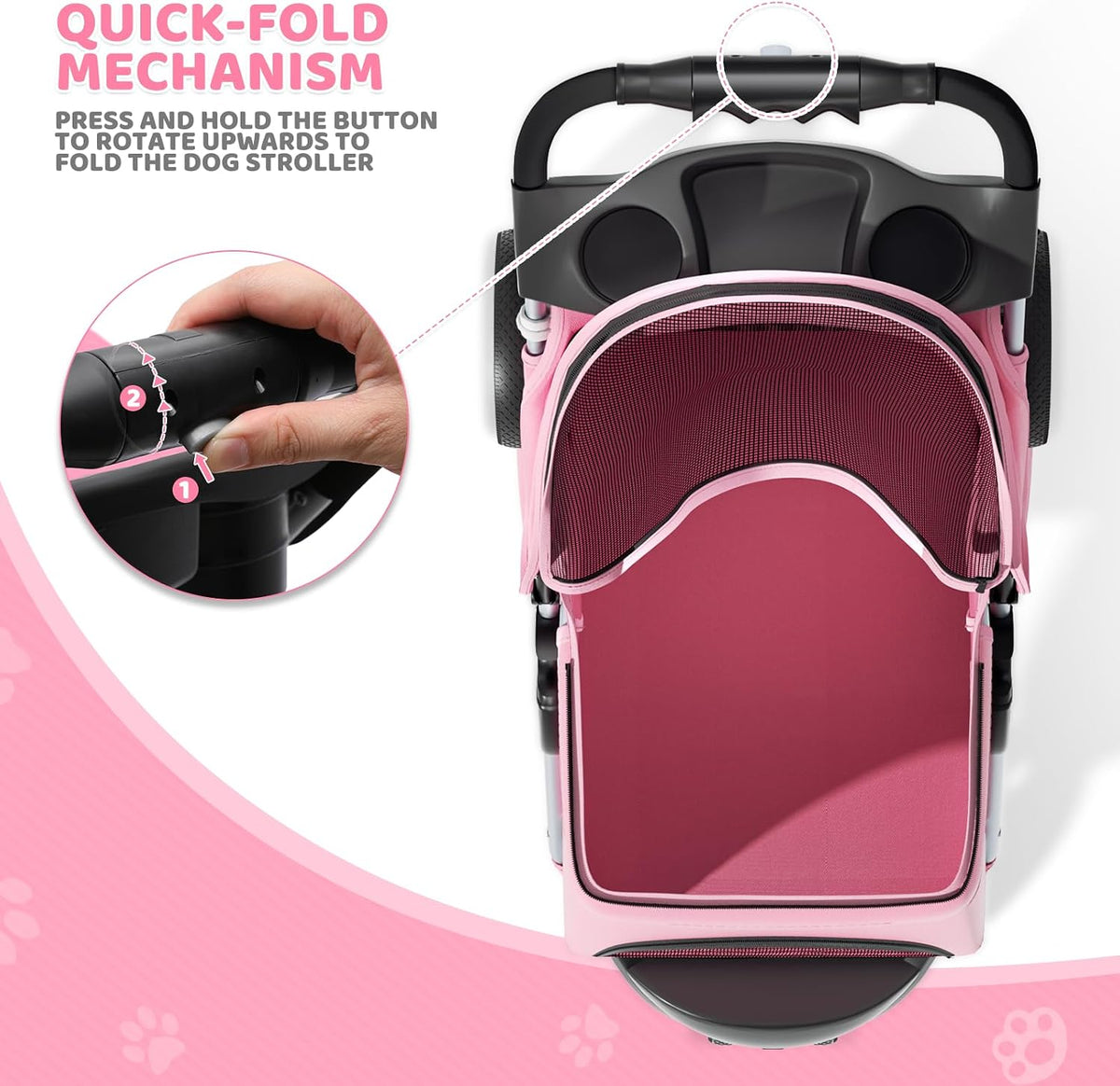 Magshion 3-Wheel Pet Stroller for Small/Medium Dog Cat, up to 33Lbs, Pink