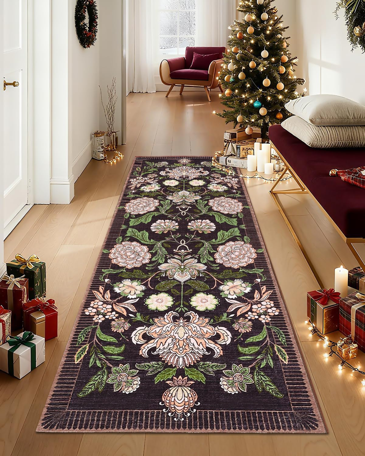 Garveehome Plum Pink Floral Botanical 2X6 Washable Kitchen Runner Rugs Non Slip Black Purple Vintage Boho Cottage Long Rug for Hallways Bedroom Entryway Bathroom Mat with Rubber Back