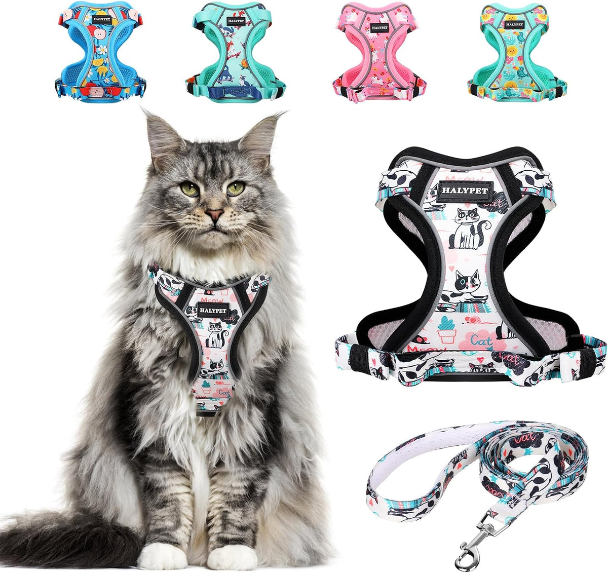 Cat Harness and Leash Set[Max Safety 4Th-Gen] Cute Escape Proof Vest Harness for Girl&Boy Cat Walking, Comfortable Adjustable Leash and Reflective Strips for Outdoor Kitten, M Inky Meowy