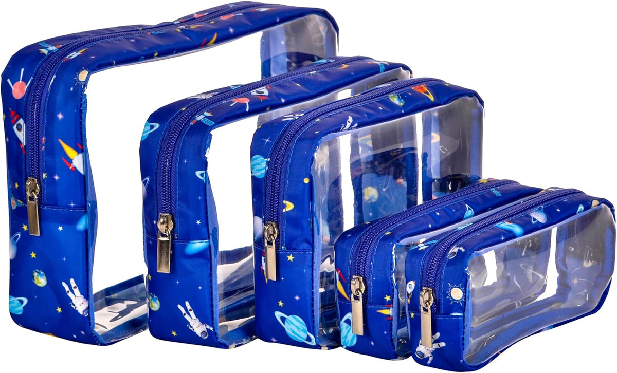 Remobia Hicol TSA Approved 5-Piece Diaper Bag Organizer Pouch Set Clear Waterproof TPU Kids Toiletry Storage Set Travel Packing Clutch Cube Bags for Baby Nursing(Astronaut)