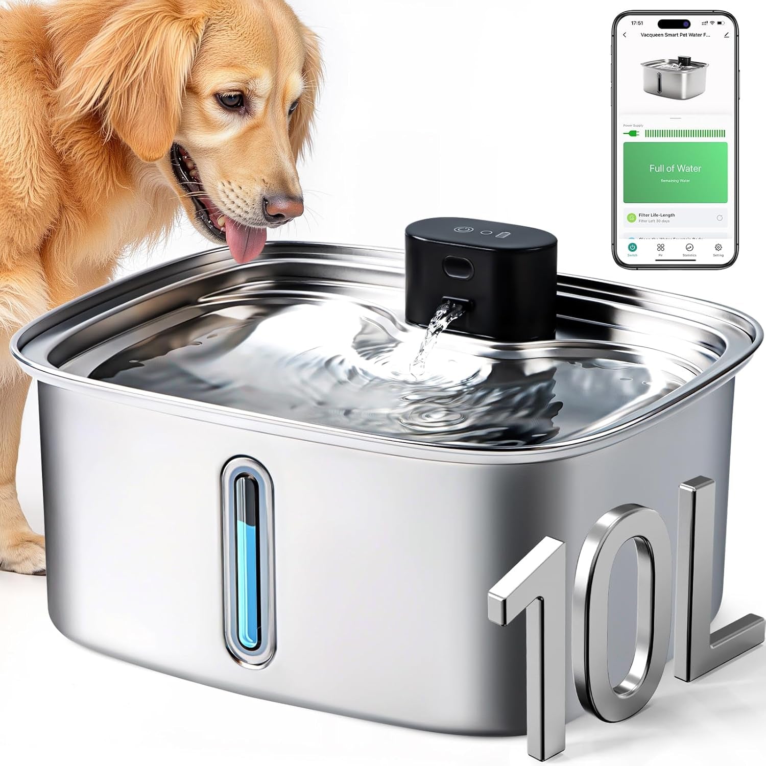 Smart Dog Water Bowl Dispenser Large, 10L/ 2.64Gal Cordless Dog Water Fountain Stainless Steel with APP Monitoring, 4000Mah Automatic Cat Water Fountain for Mutil-Pets Large Dogs, 3 Fountain Modes