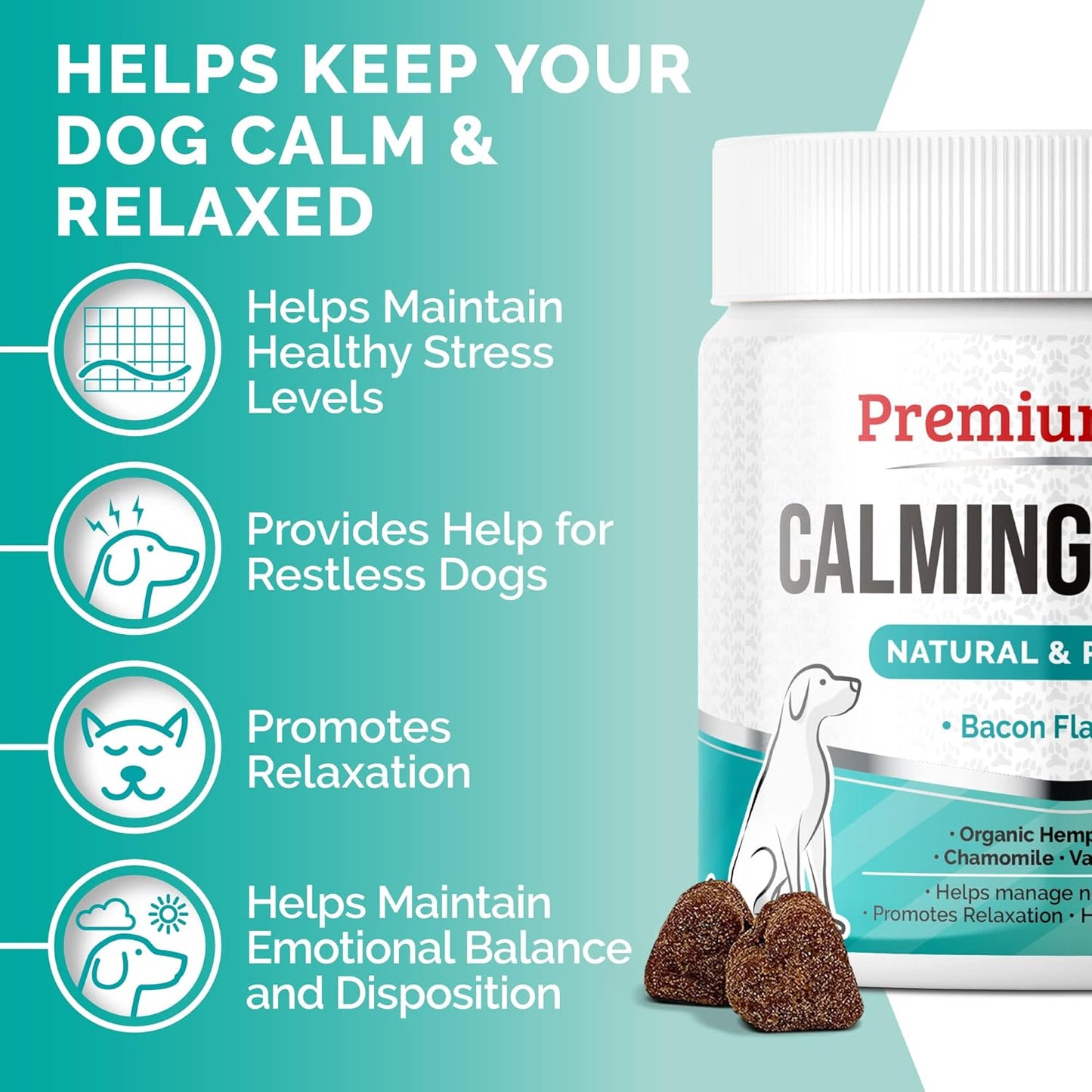 PREMIUM CARE Calming Chews for Dogs, Made in USA - Helps with Dog Anxiety, Separation, Barking, Stress Relief, Thunderstorms and More, 9.3 Oz (264G), 120 Count