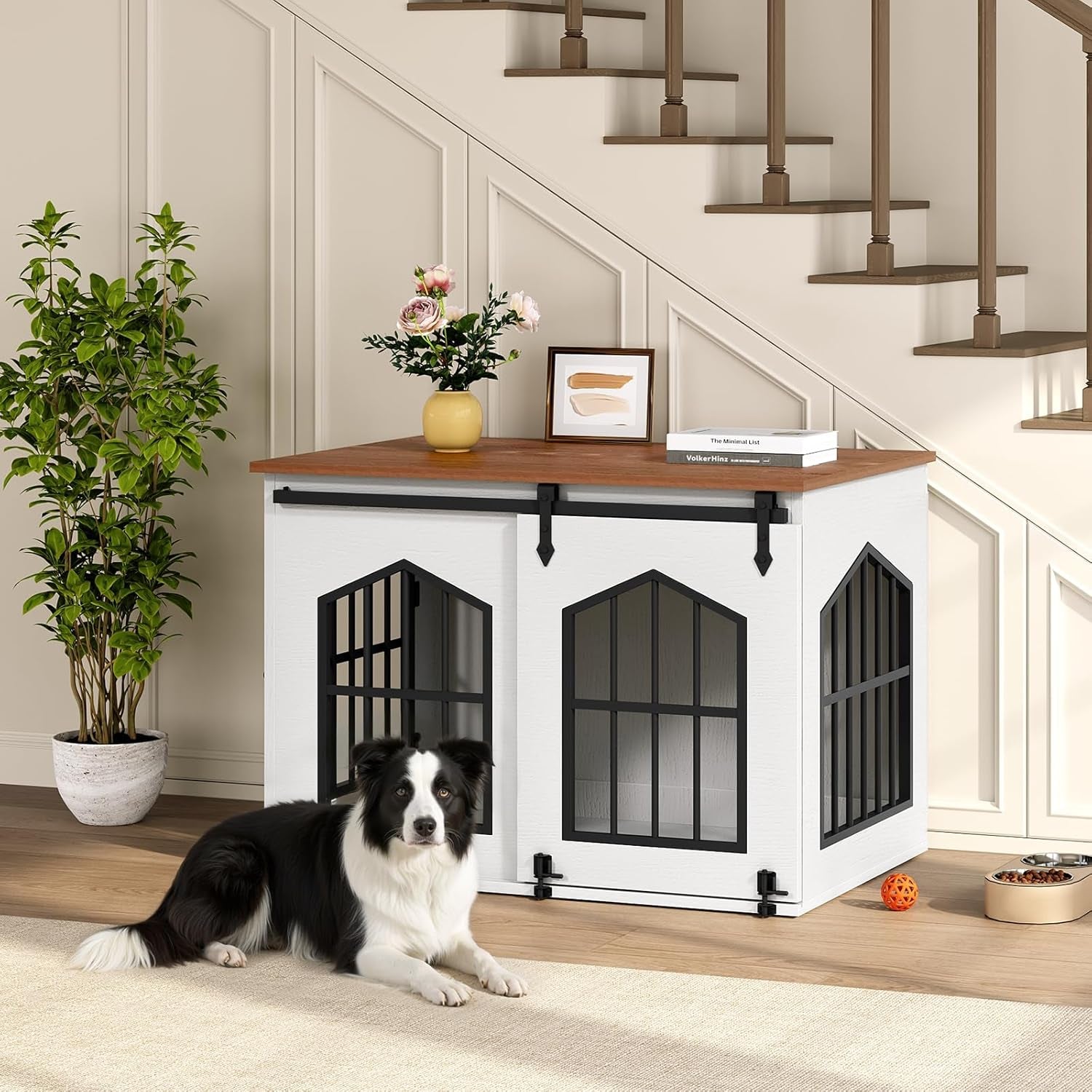 MAHANCRIS Dog Crate Furniture, 31.5" Farmhouse Dog Kennel with Sliding Barn Door, Wooden Dog Cage for Small Medium Dogs, Decorative Pet House Side End Table, Chew-Resistant, White and Walnut DCBA9601