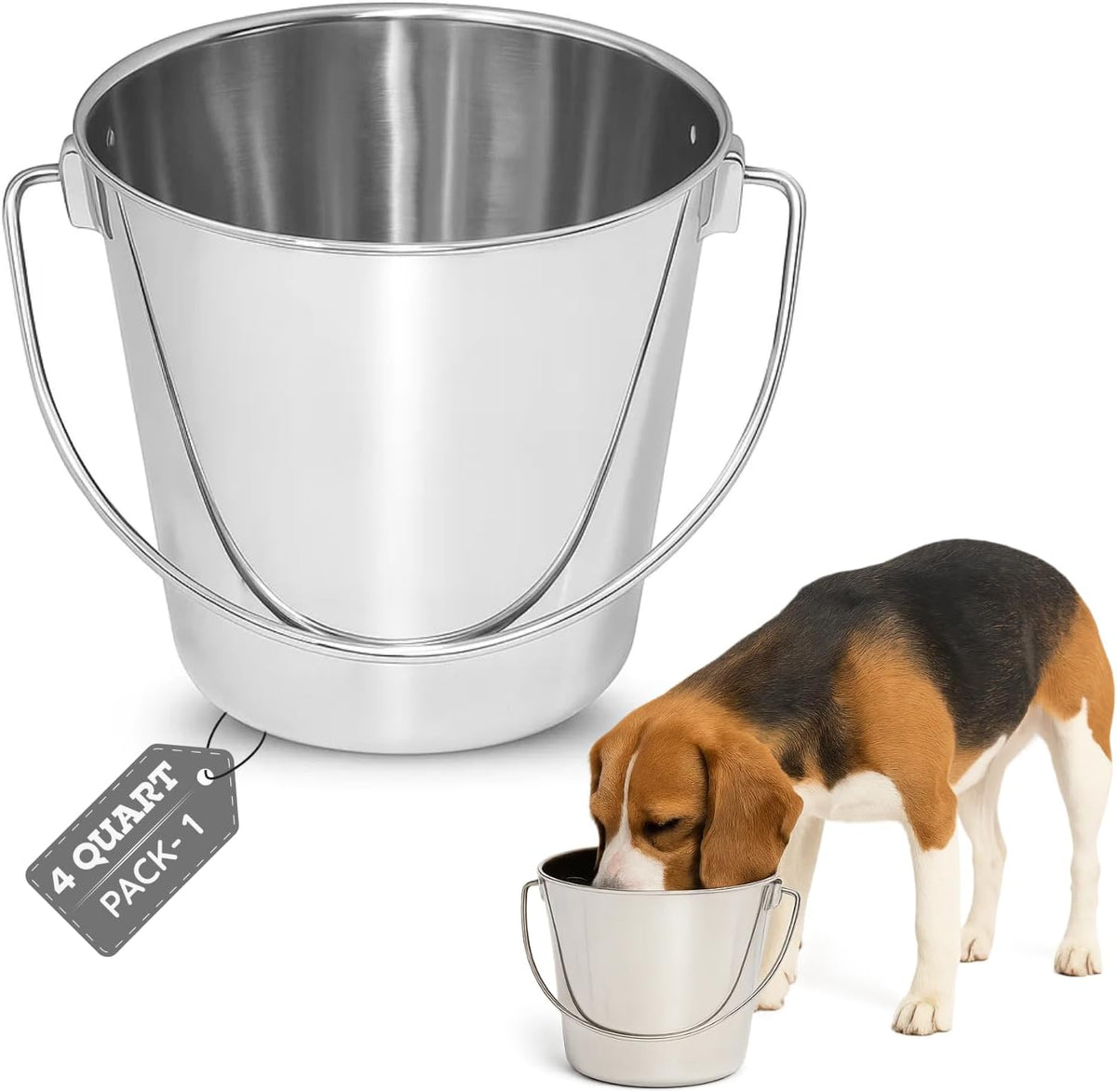 4 Quart Heavy Duty Stainless Steel round Bucket with Handle | 1 Gal Durable Food & Water Bowl for Birds Dogs Cats Goat & Livestock | Fits Kennel Crate Cage Farm | Hanging Utility Pet Pail