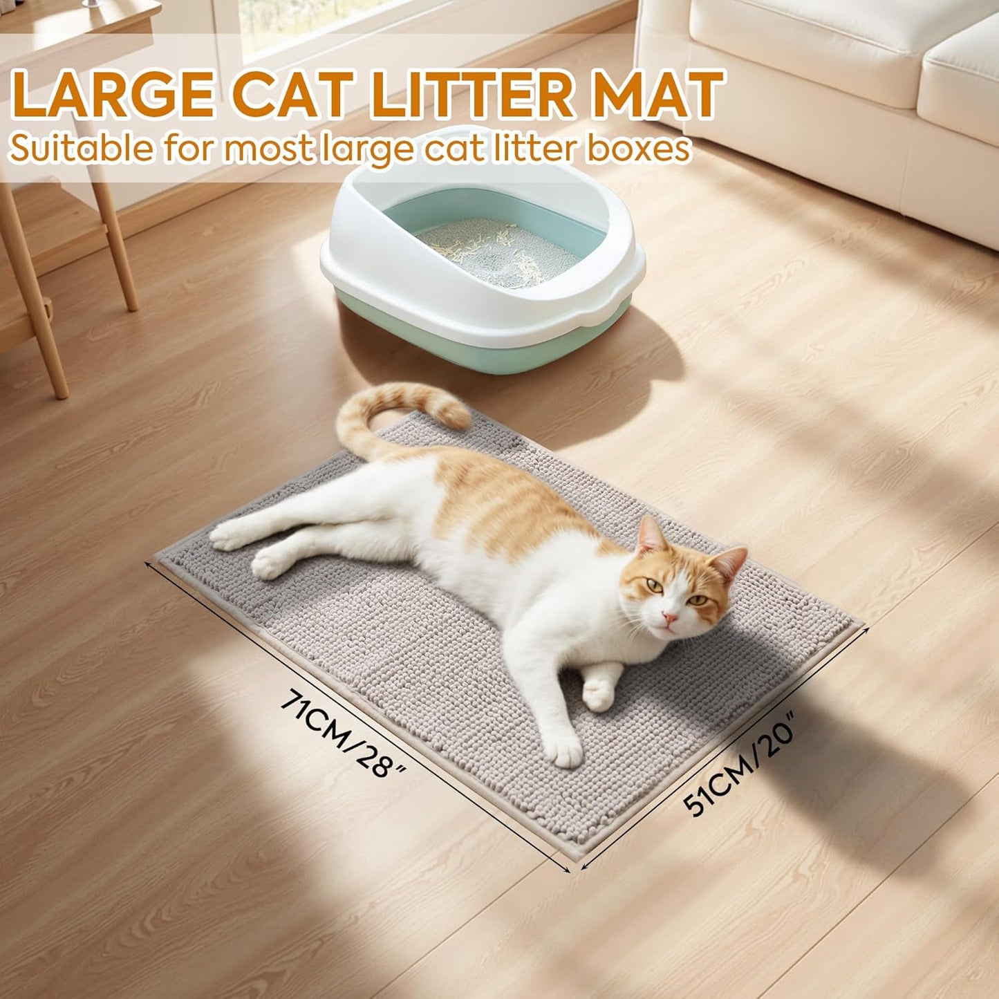 Pieviev Chenille Cat Litter Mat for Litter Box, 28"X22" Soft Ultra Absorbent Mat, Waterproof & Non-Slip, Easy to Clean Litter Trapping Mat for Indoor Cats, Gray