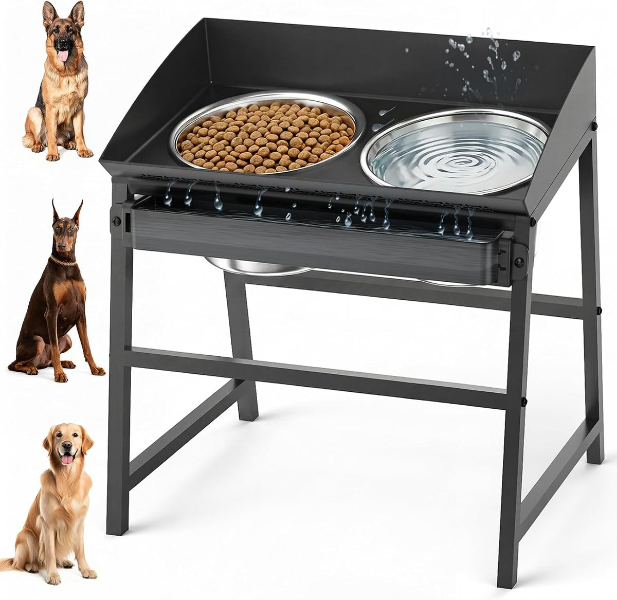 Bobbie & Laxi 15" Tilted Elevated Dog Bowl, Spill-Proof with Plastic Guard