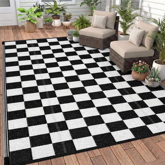 Black White Checkered Outdoor Rug 5 X 8 Ft Plastic Straw Camping Mat