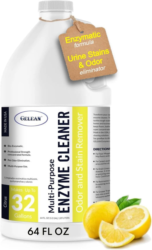 Multi-Purpose Probiotic Enzyme Citrus Cleaner, 1/2 Gallon (64 Oz.) - Pet Stain and Odor Remover - Concentrated - Professional & Home Strength Drains, Floors, Bathrooms, Toilets Trash Can, Made in USA