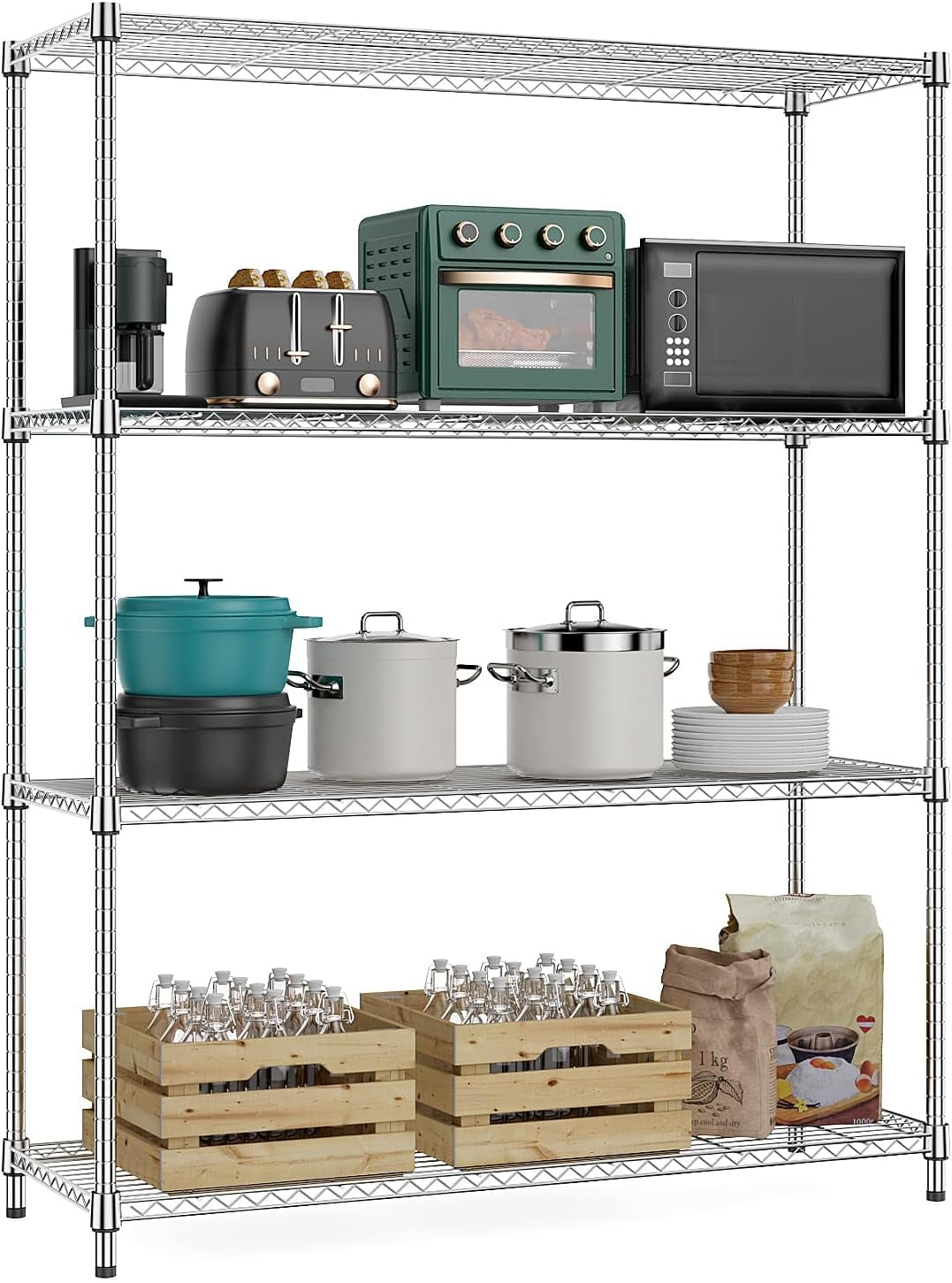 M MZG 5-Shelf Storage Shelves,Wire Shelving Heavy Duty Metal Storage Shelving Unit Adjustable Garage Shelving Rack Pantry Kitchen (Chrome, 4 Tier,15.8" D X 45.3" W X 59.4" H)