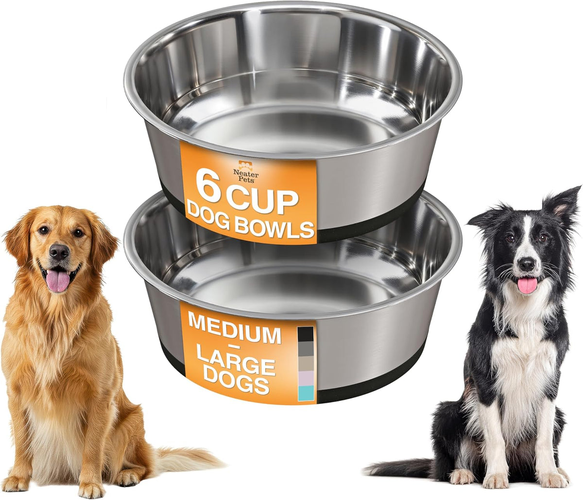 Neater Pet Brands Stainless Steel Dog Bowls with Non-Slip Rubber Bottom – Set of 2, 6 Cup (48 Oz), Black - Heavy Duty Metal Dog Bowl, Dishwasher Safe, Food or Water Bowl, Ideal for Large Dogs