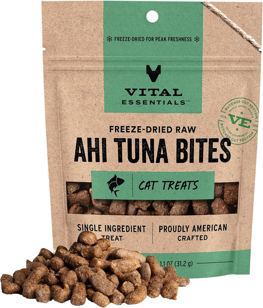 Vital Essentials Freeze Dried Cat Treats | Ahi Tuna Bites, Single Protein | Premium Quality | Grain Free, Crunchy Cat Treats, 1.1 Oz Bag