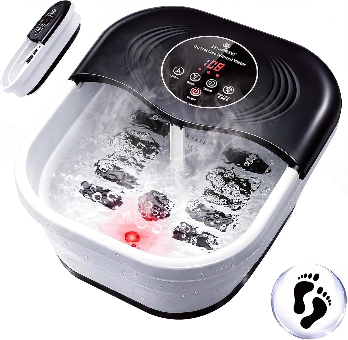 SPA4PIEDS Collapsible Heated Foot Spa Bath with Bubble, Foot Soaking Tub Featuring 8 Shiatsu Rollers, Pumice Stone and Built-In Timer for Mom, Dad and Foot Relaxation (Black)