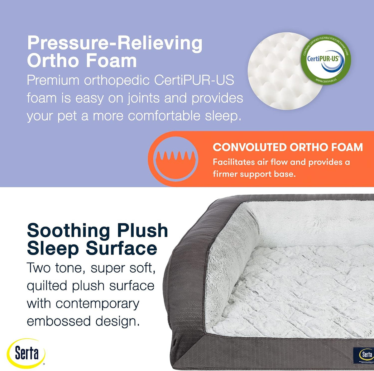 Serta Orthopedic Quilted Couch Dog Bed for Pets – Slate Gray (Large)