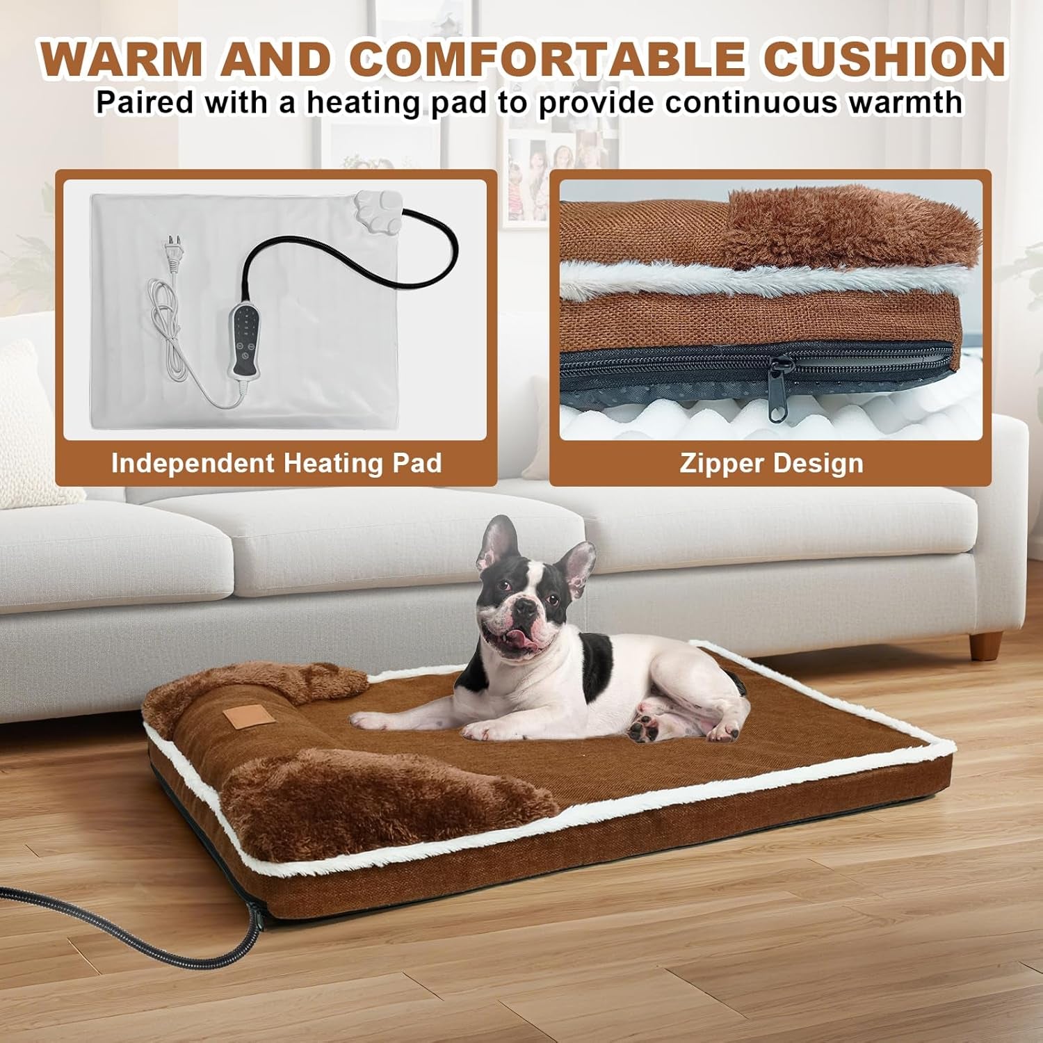 Heated Dog Bed for Large Dogs 40X27 Inches, Indoor Dog Couch Heated Pet Bed, Soft & Cozy Pet Warming Sofa with Temperature and Time Adjustable Themostat, Removable Cotton Sleeve