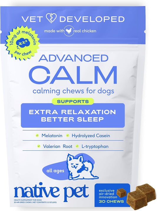 Native Pet Advanced Calming Chews for Dogs - Anxiety Relief, Stress, Separation, Travel & Sleep Support with Melatonin for Dogs, Hydrolyzed Casein, Valerian Root & L-Tryptophan -30 Chews