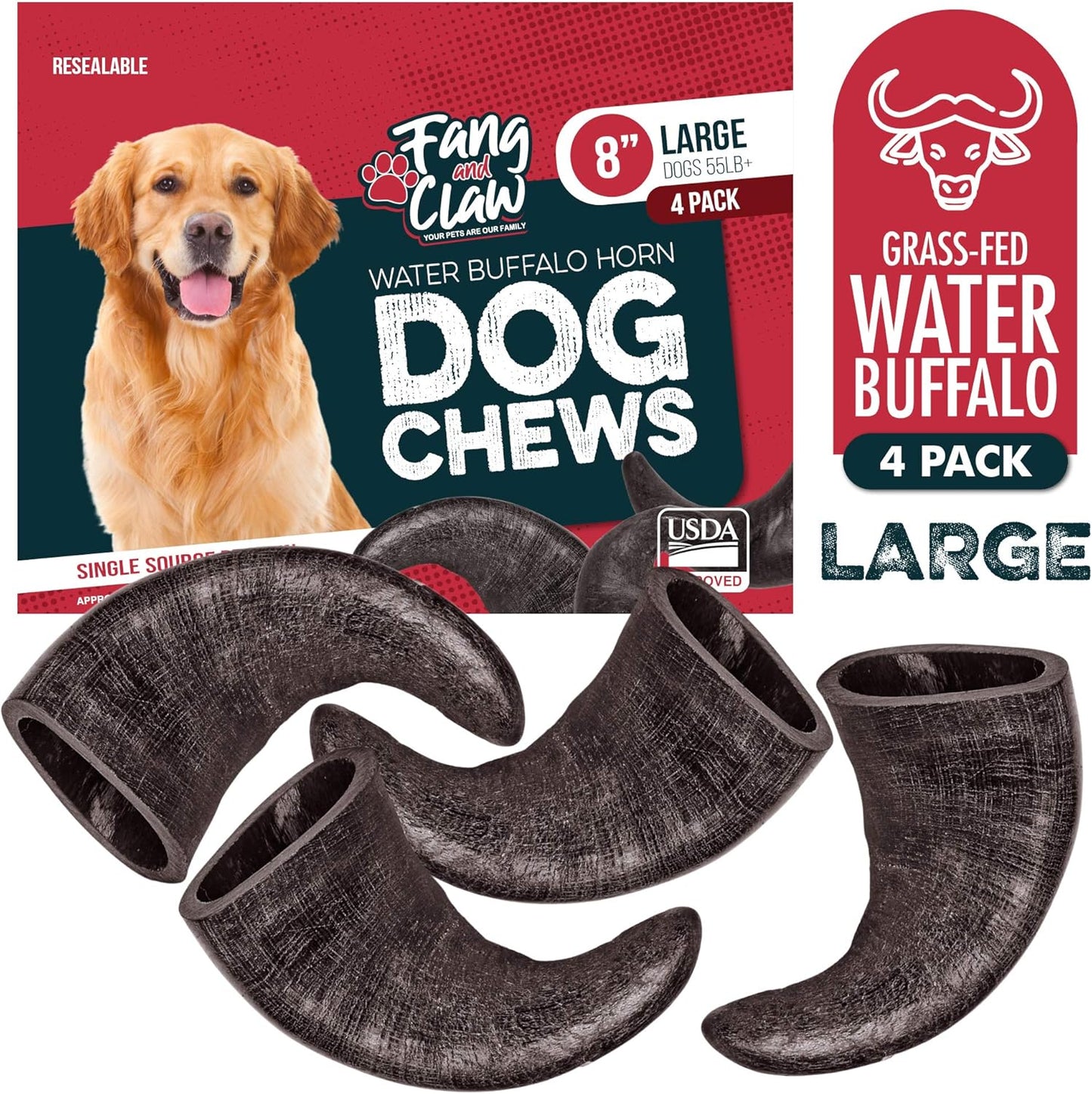 4 Pack Water Buffalo Horns for Dogs, Large 8 Inch - Natural Antler & Rawhide Bone Alternative for Aggressive Chewers, Long Lasting Single-Source Grass-Fed Dog Chew