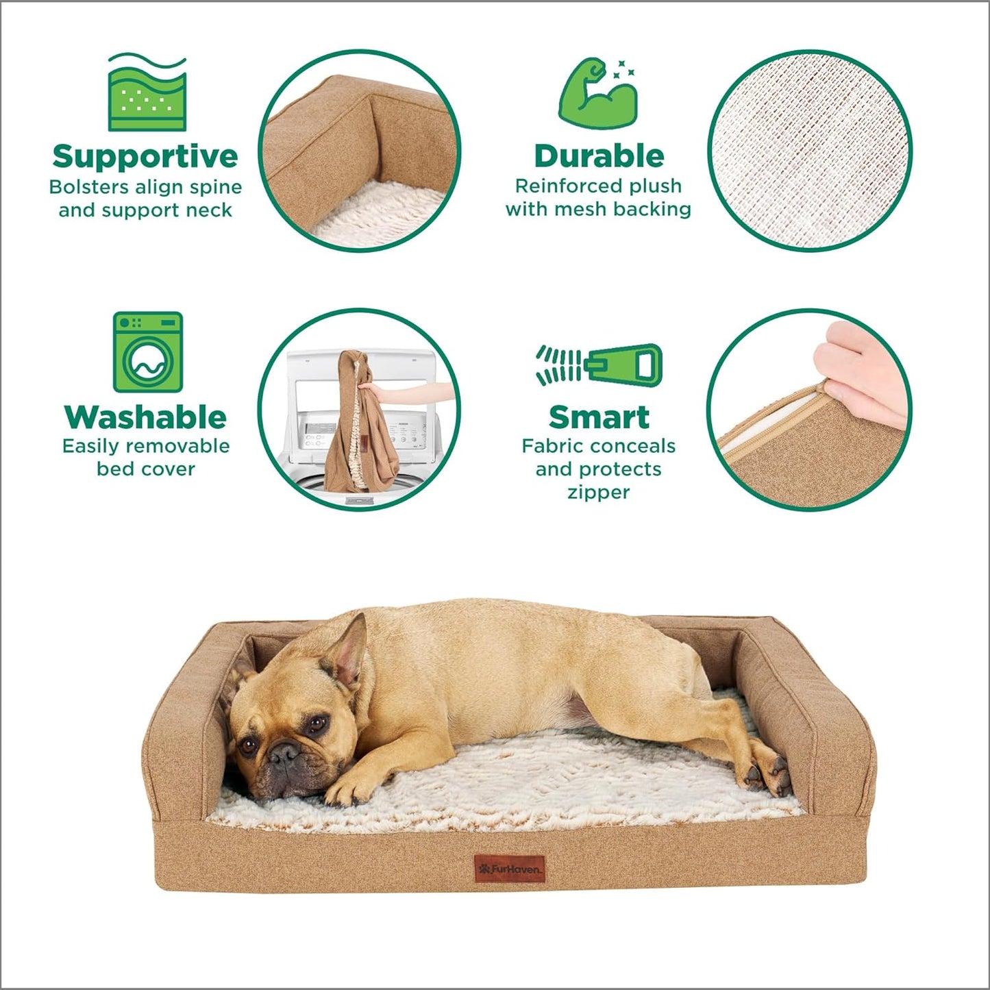 Furhaven Birch Faux Fur & Soft Faux Linen Modern Orthopedic Sofa Pet Bed, Nutmeg, Jumbo