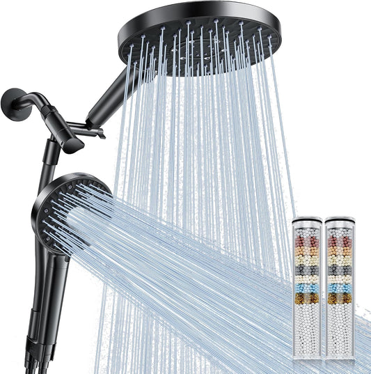 Filtered Shower Head Handheld Mother-Child Large Arm Combo, High Pressure 10-Spd Detachable Chrome Showerhead W/Stainless Hose, Water Softener Beads Hard Water - Remove Chlorine, Black