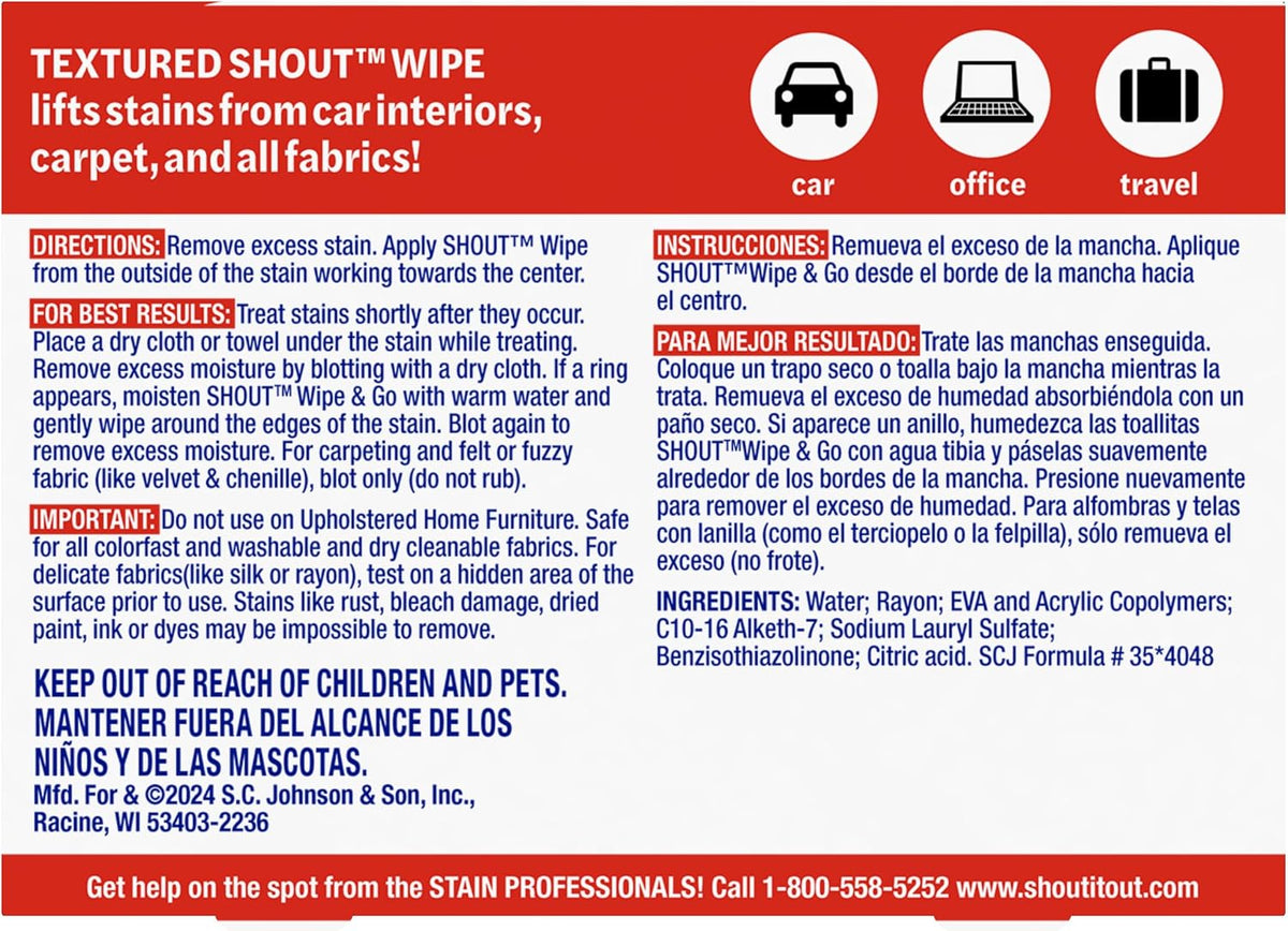Shout Wipe & Go, Portable Instant Stain Remover Wipes, 12 Count, (1-Pack)