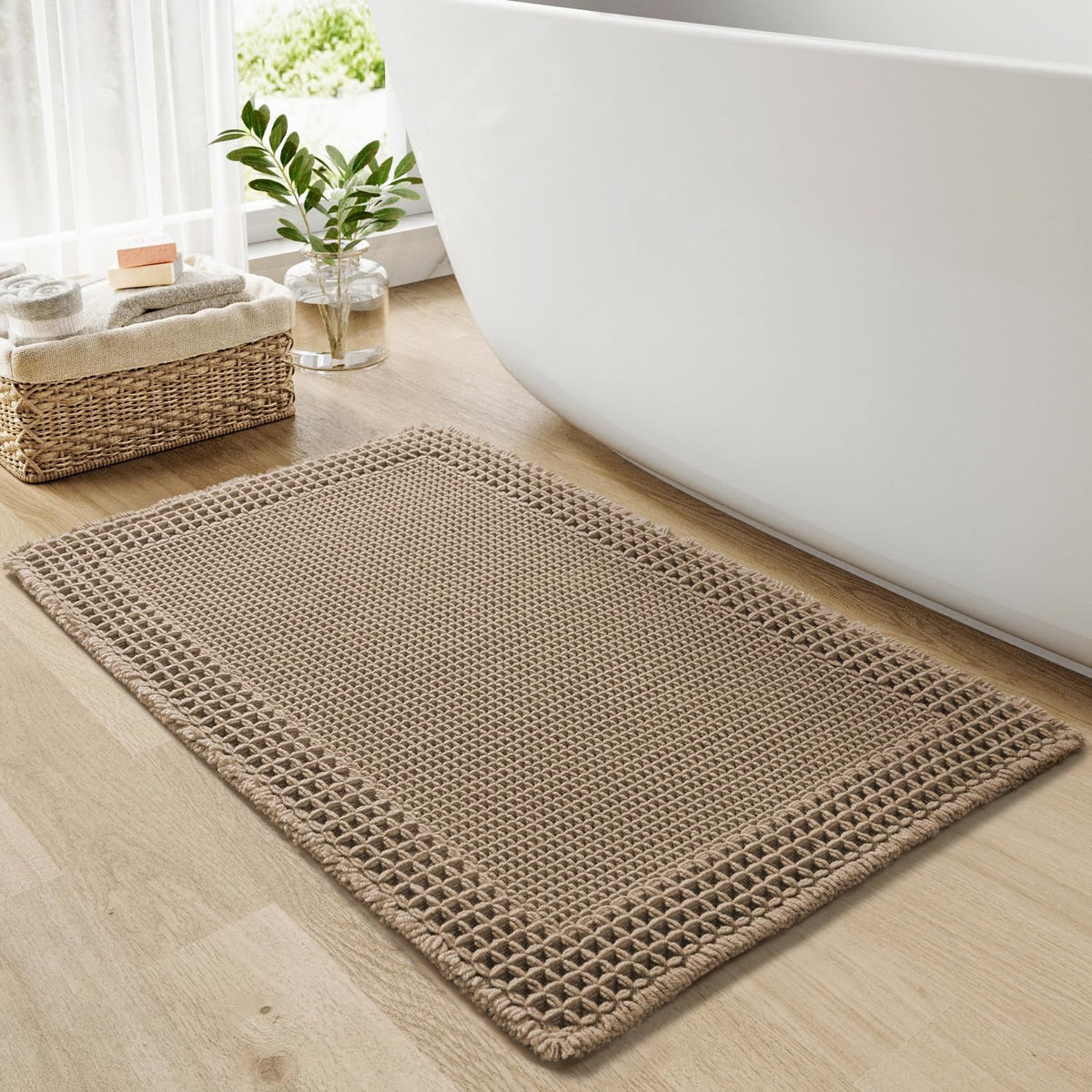 RESARE Waffle Bath Mat for Bathroom, Non Slip Bathroom Rugs 17"X24" Brown