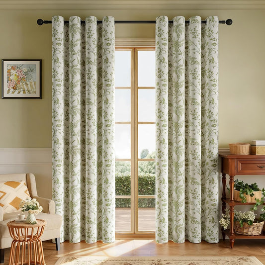 Rinwoc Vintage Leaf and Floral Print Blackout Curtains Set of 2 Panels 84 Inch, Grommet Top Linen Textured Drapes for Bedroom Living Room Thermal Room Darkening Green (W52Xl84)