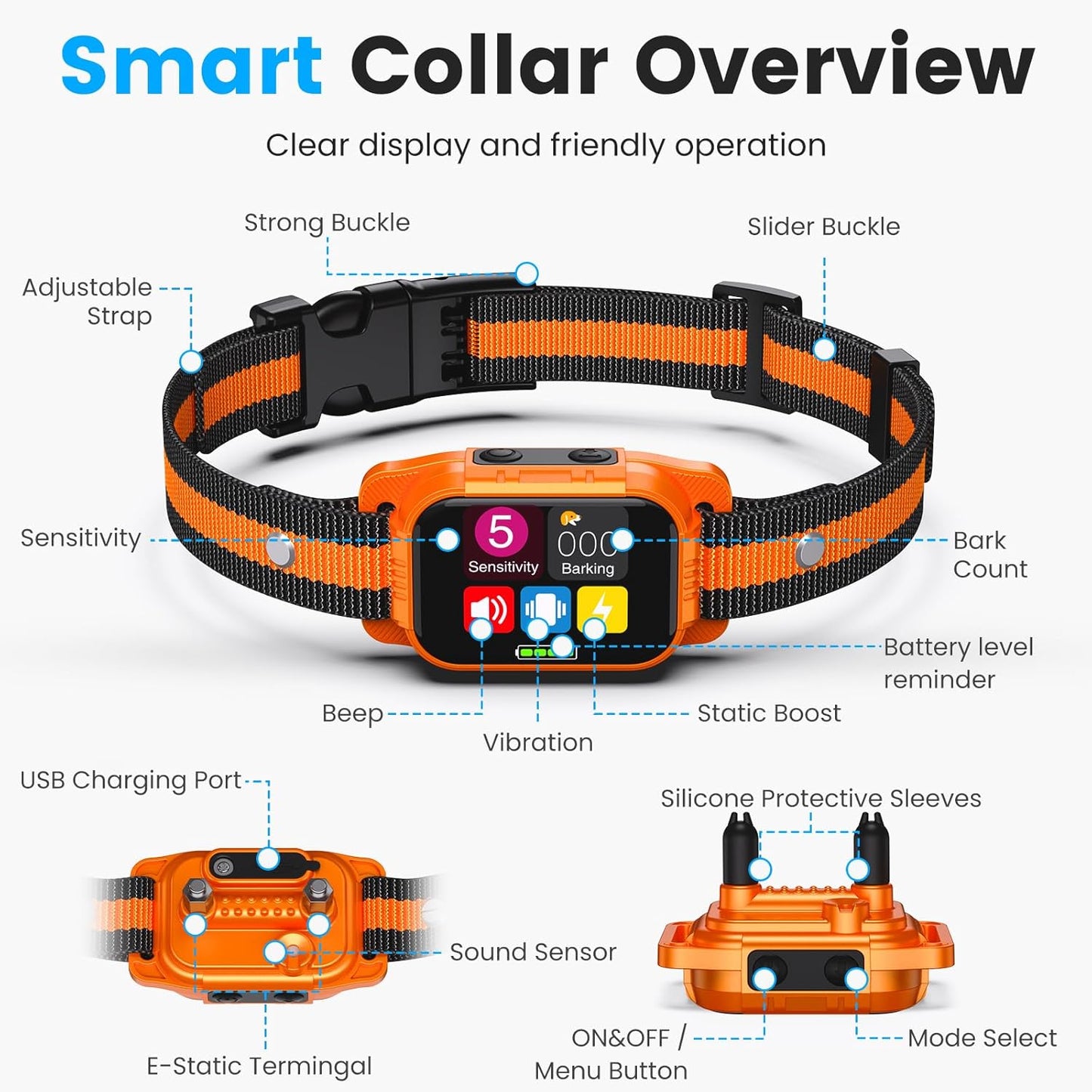Smart Dog Bark Collar - anti Barking Device for Large Medium Small Dogs, Stop Excessive Barking & Aggression Behavior, with 5 Modes & 5 Sensitivity, IP67 Waterproof for Indoor/Outdoor Use, Orange
