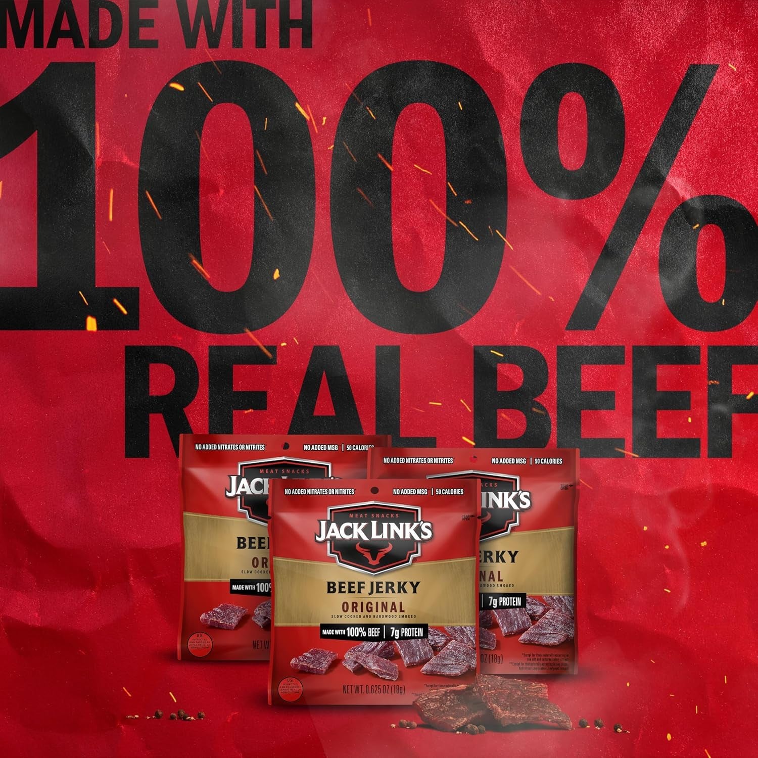 Jack Link'S Beef Jerky Multipack - Original - Made with 100% Real Beef - Ready to Eat Real Meat Protein Snacks - 7G Protein per Serving - 0.625 Oz Bags (20 Pack)