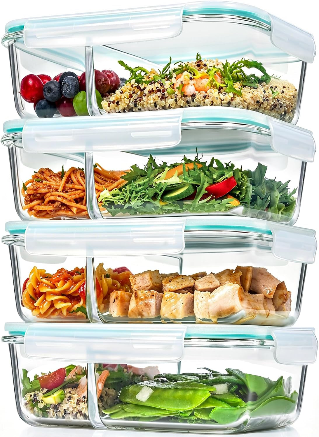 GEHE 4 Pack 52 Oz Large Glass Food Storage Containers with Lids - 2 Compartments Glass Meal Prep Containers for Serving, Baking, Storing, Airtight Lunch Container, Microwave and Oven Safe, BPA Free