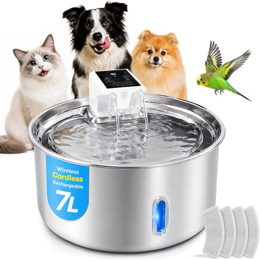 7L (1.85 Gal) Wireless Dog Water Fountain, Cordless Battery Operated Stainless Steel Pet Fountain for Large Dogs and Multi-Pet Homes, 5000Mah Rechargeable, 3 Modes, 4 Filters