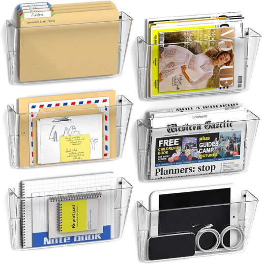 Samstar 6 Pack Clear Wall File Holder, Wall Mount Acrylic File Organizer Hanging Wall Pocket Mail Magazines Organizer for Office,Home