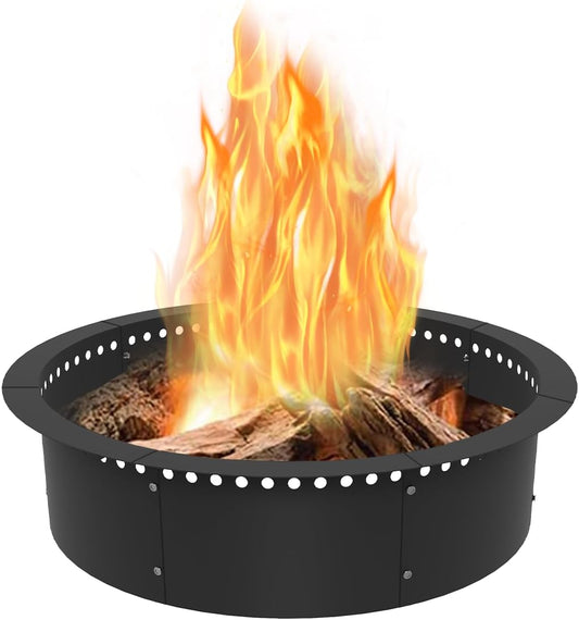 Koutemie Outdoor Smokeless Fire Pit Ring Liner 32-Inch Outer/28-Inch Inner Diameter, Heavy Duty Solid Metal Steel round Firepit Rim Insert for outside DIY Campfire Ring above or In-Ground, Black