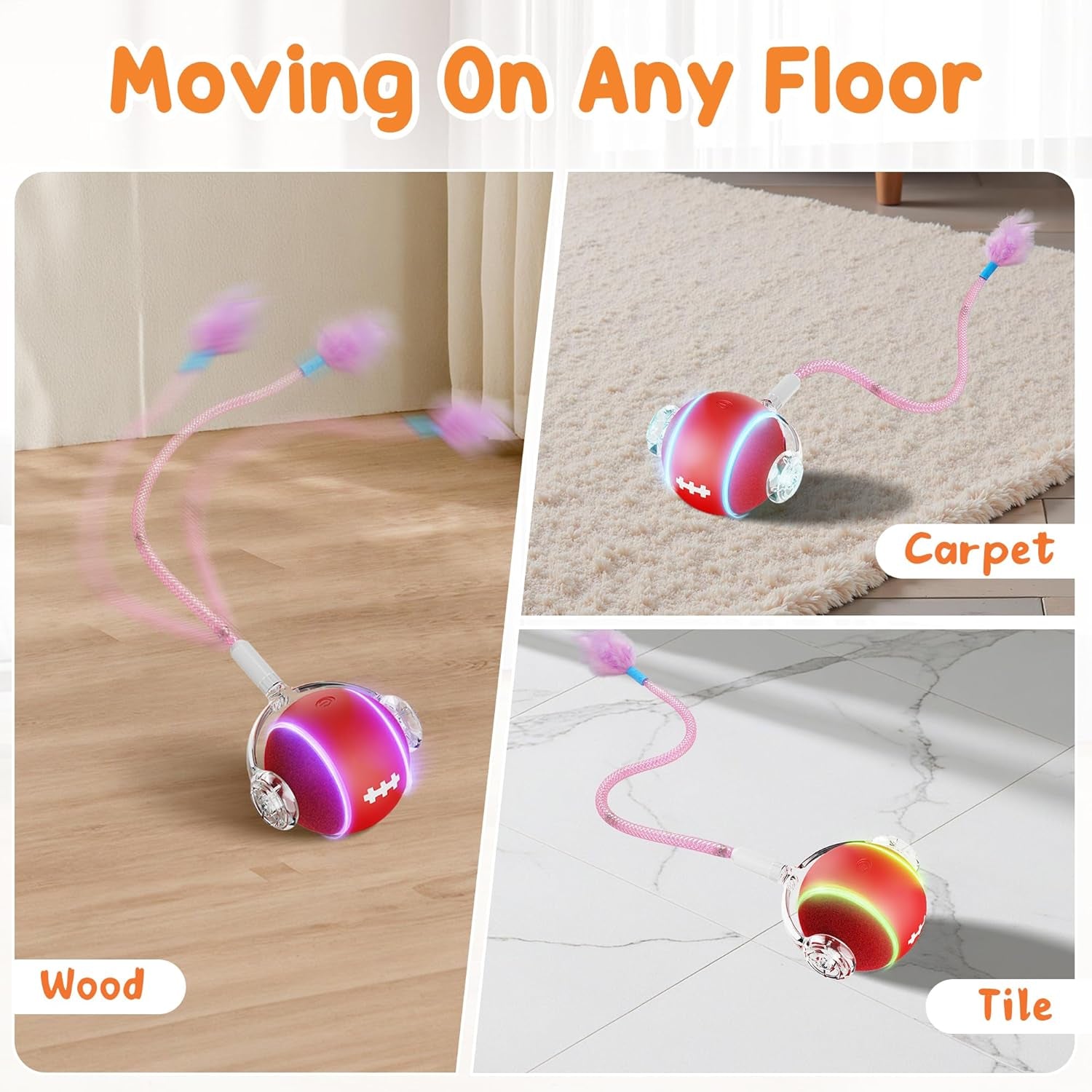 Interactive Cat Toys for Indoor Cats,3 Modes Electric Moving Cat Ball with Feather Tail,800Mah Large Capacity & Low Noise,Automatic Kitten Toys for Bored Indoor Adult Cats