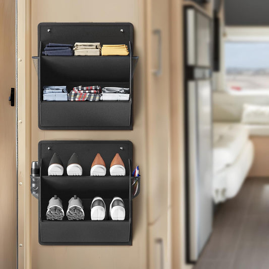 2 Pack RV Shoe Storage with Sticky Adhesive Tape, over the Door Shoe Rack, Wall Hanging Shoe Organizer with Large Deep Pockets for Camper, Narrow Space Saving Closet Organizers Black
