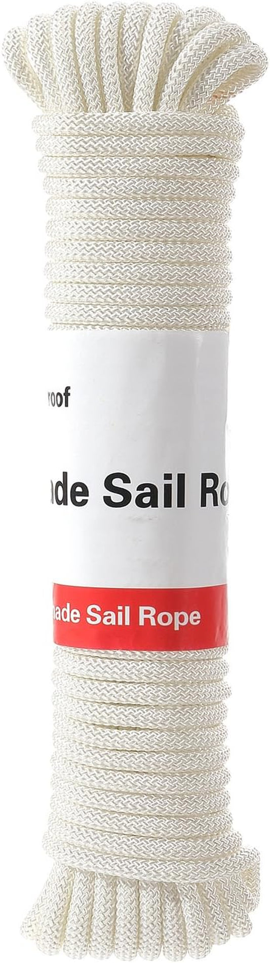 Sun Shade Sail Rope, Outdoor 50 Feet Diamond Solid Straps Braid Polyester Line - 1/4” All Purpose Tie-Down Ropes for Garden, Patio, Camping, Sailing & Flag Flying (White)