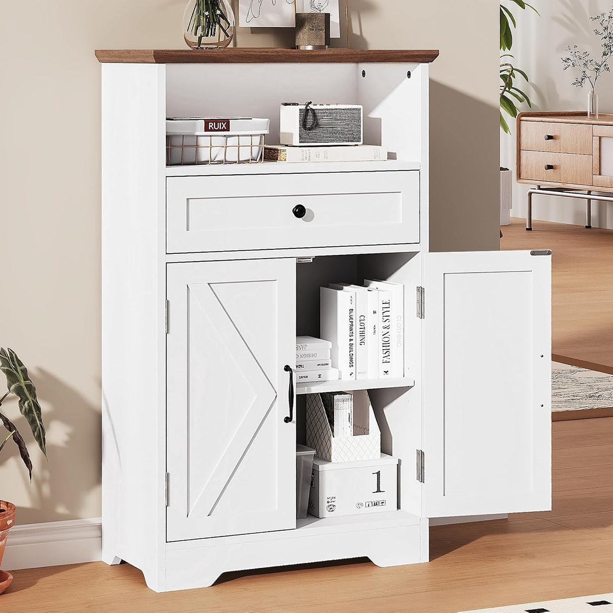 Floor Cabinet, Farmhouse Storage Cabinet with Barn Doors and Drawers White