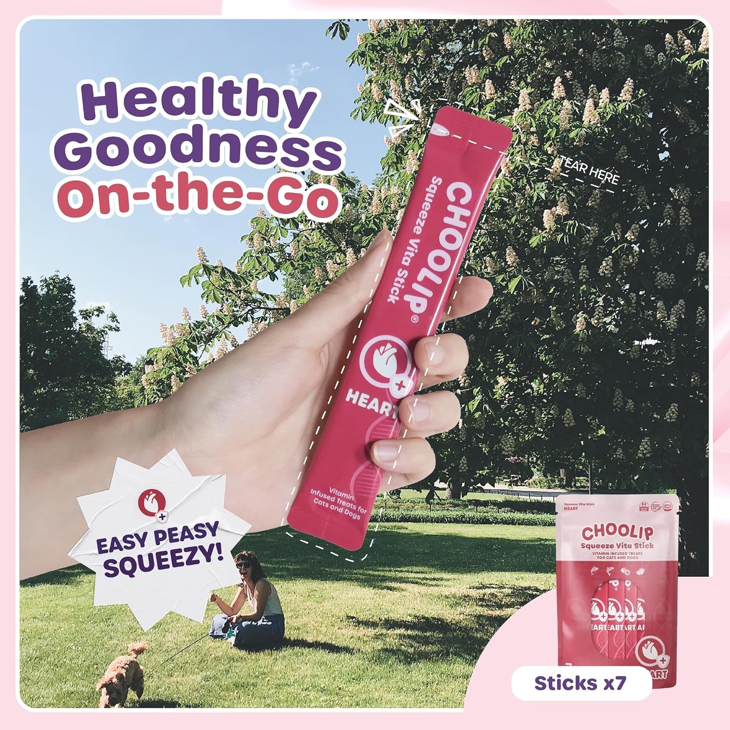 Choolip Squeeze Vita Stick Lickable Cat and Dog Treats, 7-Count Heart Support, Salmon and Tuna with Coq10, Taurine and L-Carnitine, Grain-Free, Vet-Formulated