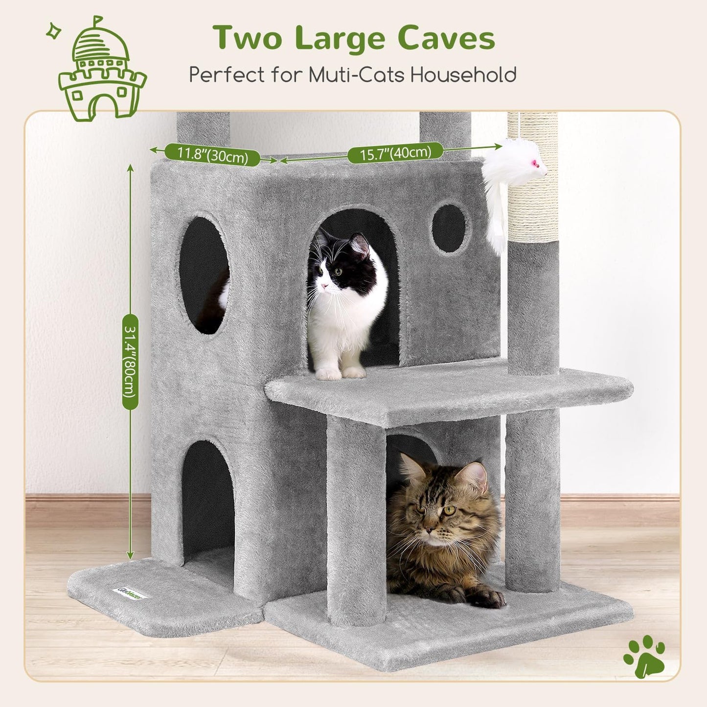 Globlazer Cat Tree Tower for Indoor Cats, 50-Inch Adult Cat Tree House for Large Adult Cats with Steps, Scratching Post, 2 Cat Caves, Dangling Toys, FC50, Light Grey
