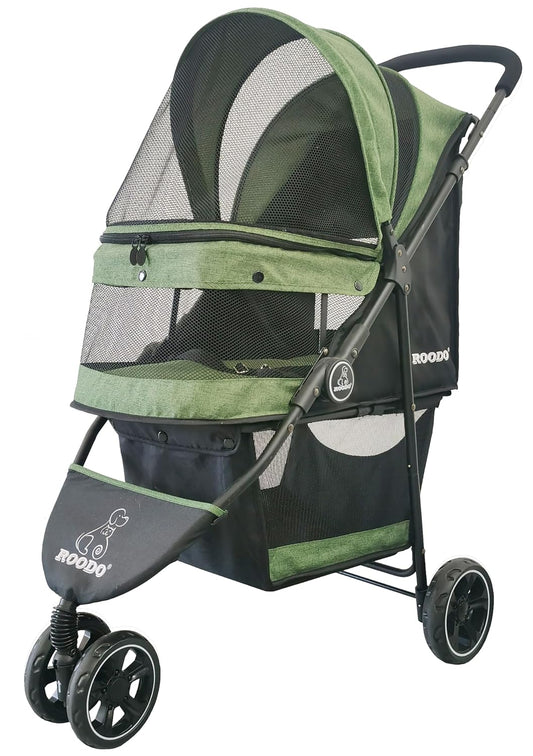 ROODO 3 Wheel Pet Stroller Best Lightweight Foldable Compact Portable Jogger All Terrain Travel Pet Gear Puppy Kitty Stroller for up to 30Lbs Medium Small Dogs and Cats(Green)