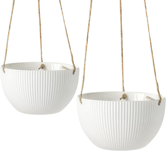 UBEE Ceramic Hanging Planters Indoor Outdoor, 7.5 Inch + 6.5 Inch Hanging Flower Pot for Plants Hanging Basket for Succulent Pothos Herbs Window Home Decor, 2 Pack, White