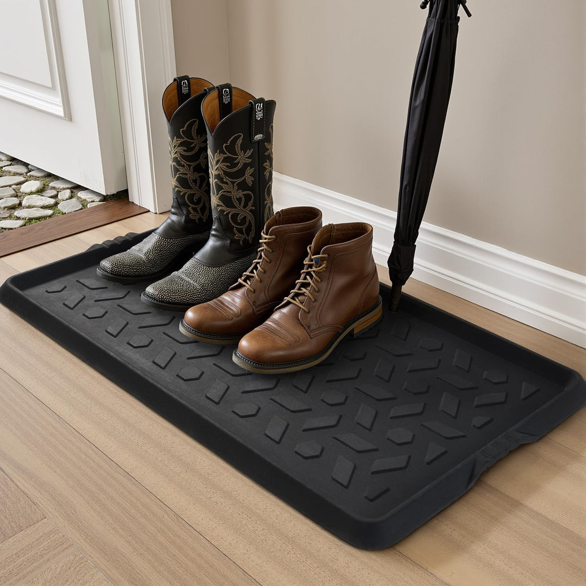 Tchdio Durable Rubber Boot Tray and Shoe Mat for Entryway - Heavy Duty Waterproof Shoe Tray Organizer, Non Slip Boot Trays for Front Door, Entryway Muddy Shoes Storage, 16X27.5 Inches