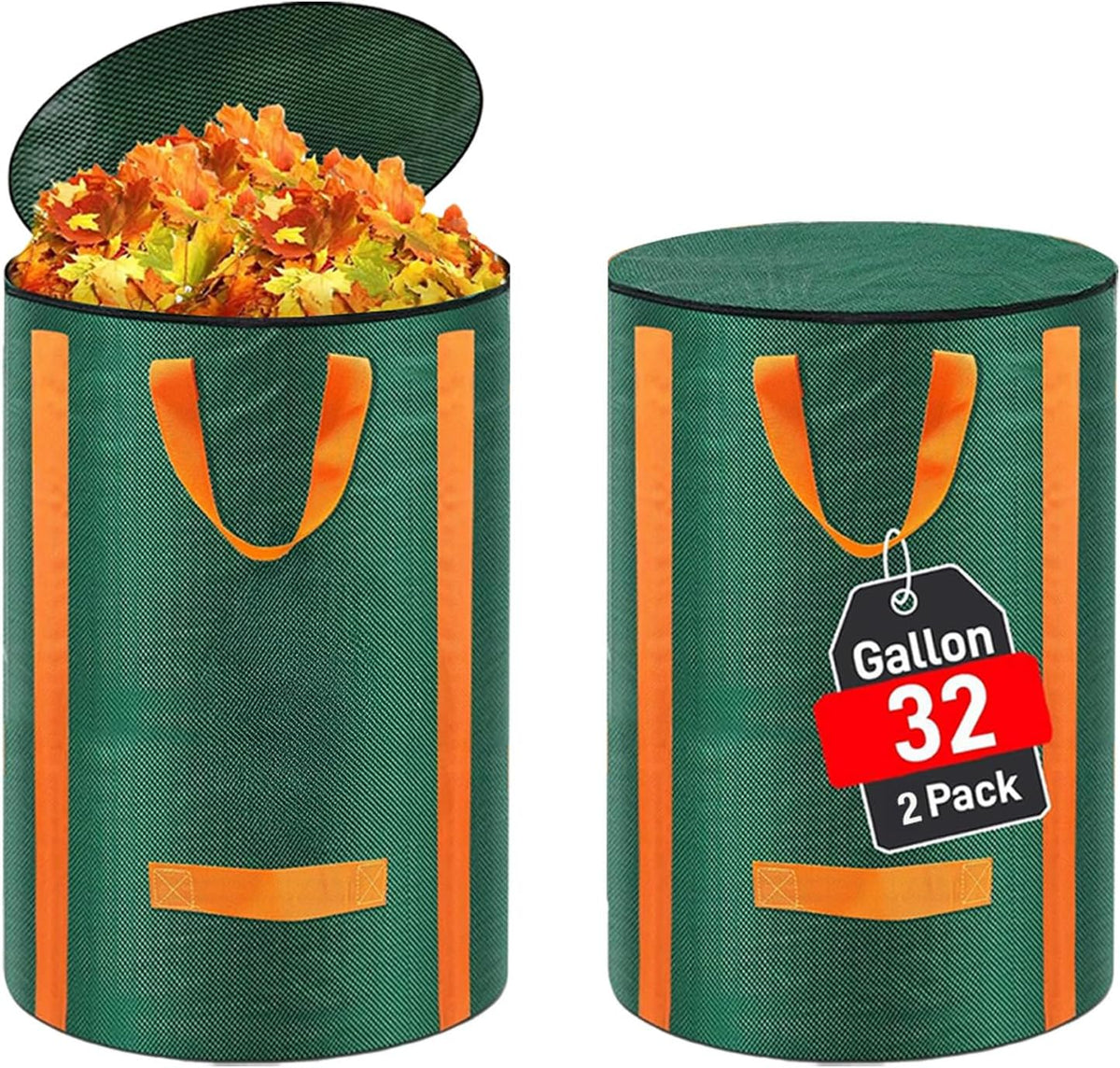 Reusable Yard Waste Bags 2 Packs 32 Gallon Standable Garden Bags for Leaves with Reinforced Carry Handles Heavy Duty Collapsible Yard Waste Containers for Leaves, Lawn Debris & Grass Clippings