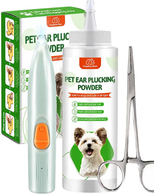Dog and Cat Ear Hair Removal Kit with 30 G Powder, LED Trimmer and Tweezers