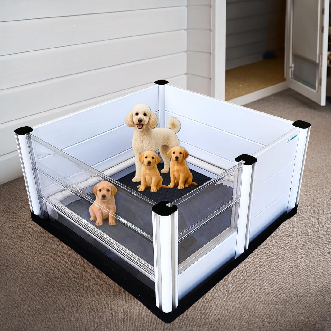 Whelping Box for Dogs and Puppies with Clear Window Panel – 36 Inch Modular, Easy-Clean, Safe Design with Pig Rail, Floor Liner & Washable Pad | Premium Small to Medium Breeds