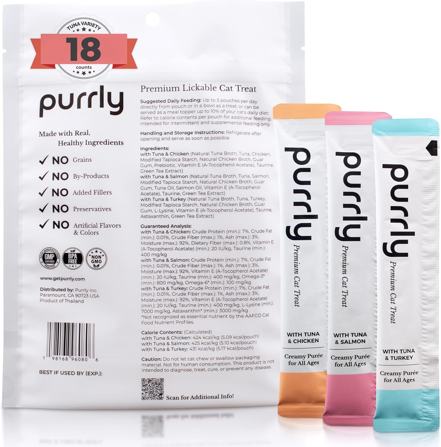 Purrly Cat Treat Snack Wet Lickable Low Calorie Healthy Grain-Free Tuna Variety Packs (18 Count) Squeezable Creamy Purée with Human-Grade Proteins and Functional Nutrients No-Artificial-Additives