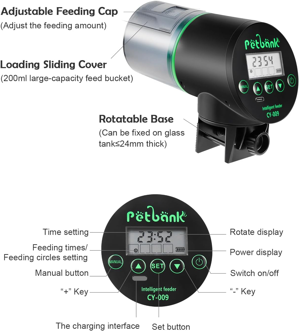 Automatic Fish Feeder - Rechargeable Timer Fish Feeder with USB Charger Cable, Fish Food Dispenser for Aquarium or Fish Tank