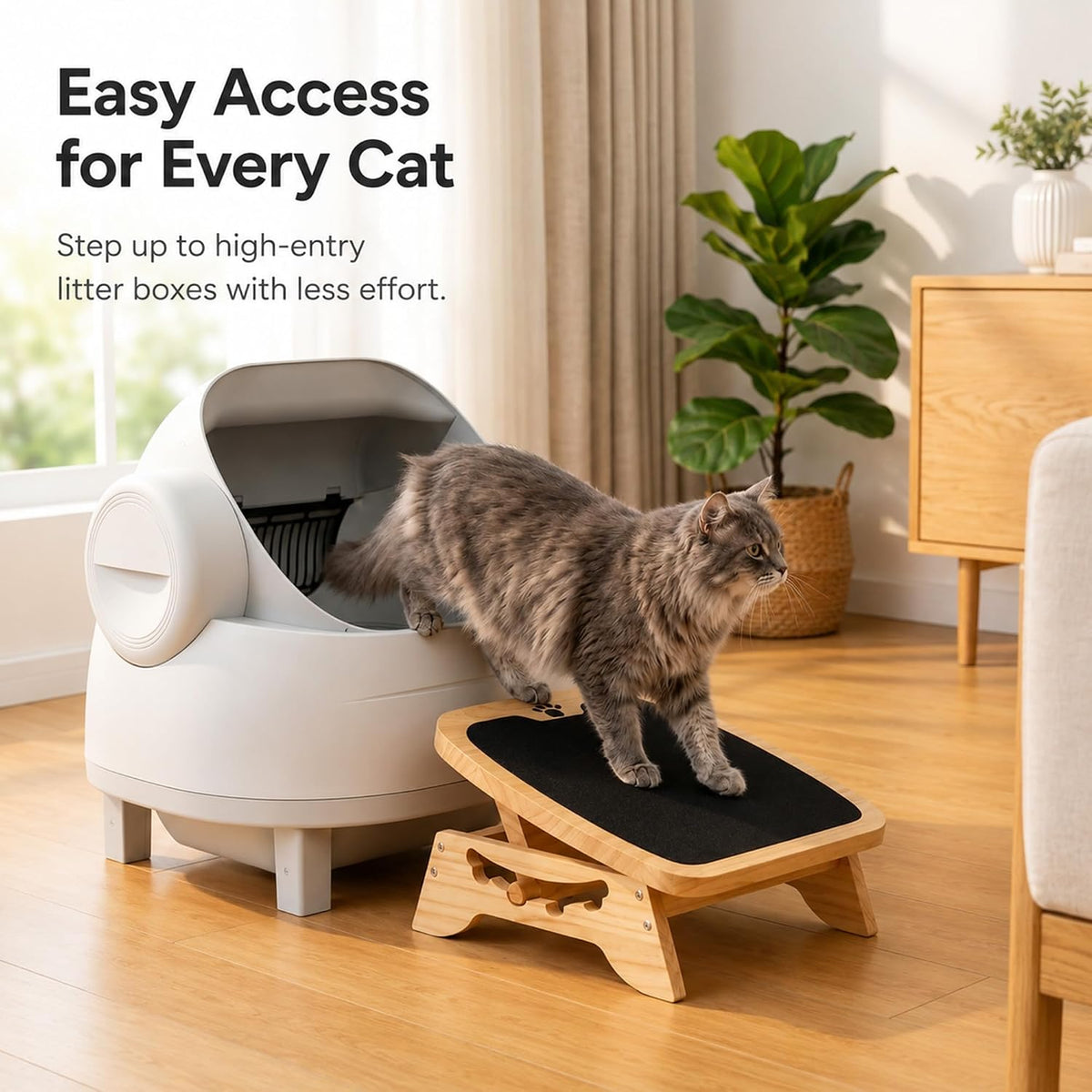 Wooden Litter Box Ramp, 4-Position Adjustable Cat Step for Automatic